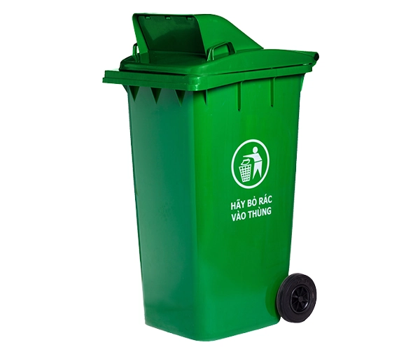 Thùng rác công cộng 240l nắp hở gồm 3 phần chính: phần thân thùng rác, phần nắp và phần bánh xe di chuyển