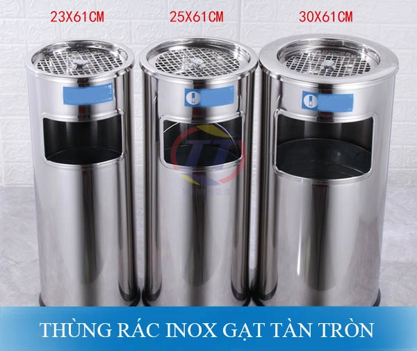 Thùng rác inox tròn có gạt tàn thuốc có nhiều kích thước khác nhau theo yêu cầu