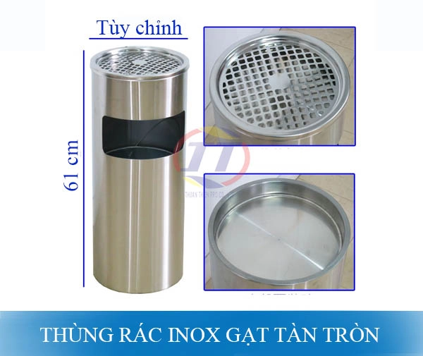 Thùng rác inox tròn có gạt tàn thuốc kích thước đa dạng có thể tùy chỉnh, gạt tàn thuốc inox tròn
